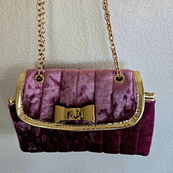 Blush Mauve Velvet Crossbody Metal Bow Shoulder Flap Bag Gold Chain Coquette - Picture 1 of 6